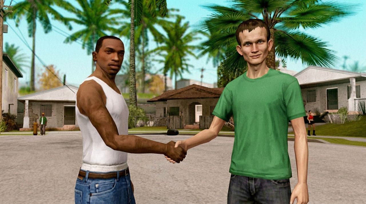 CJ shaking hands with Vitalik on Grove Street