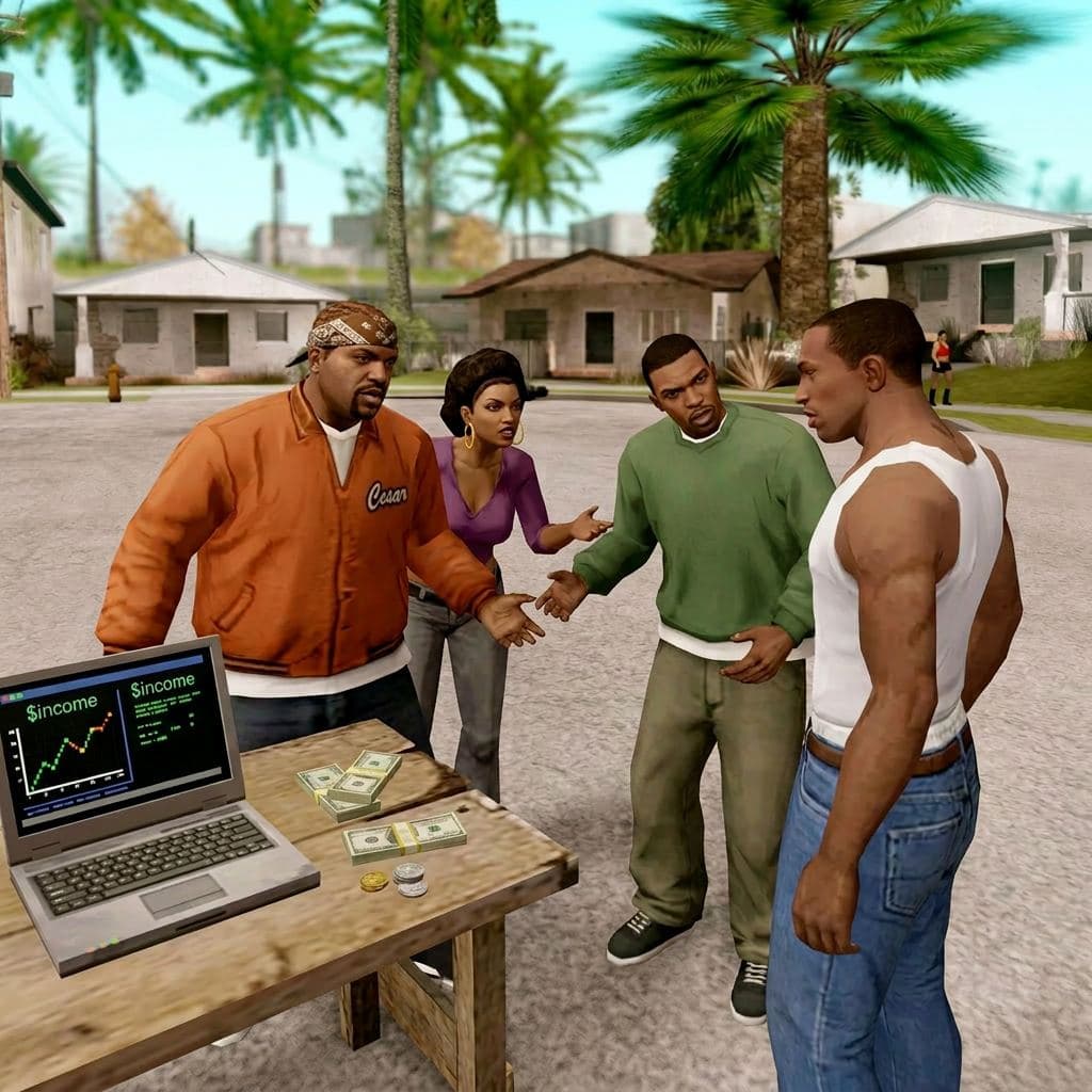 Grove Street crew gathered around a laptop watching the $INCOME chart