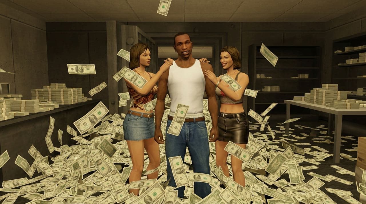 CJ making it rain in a vault full of cash