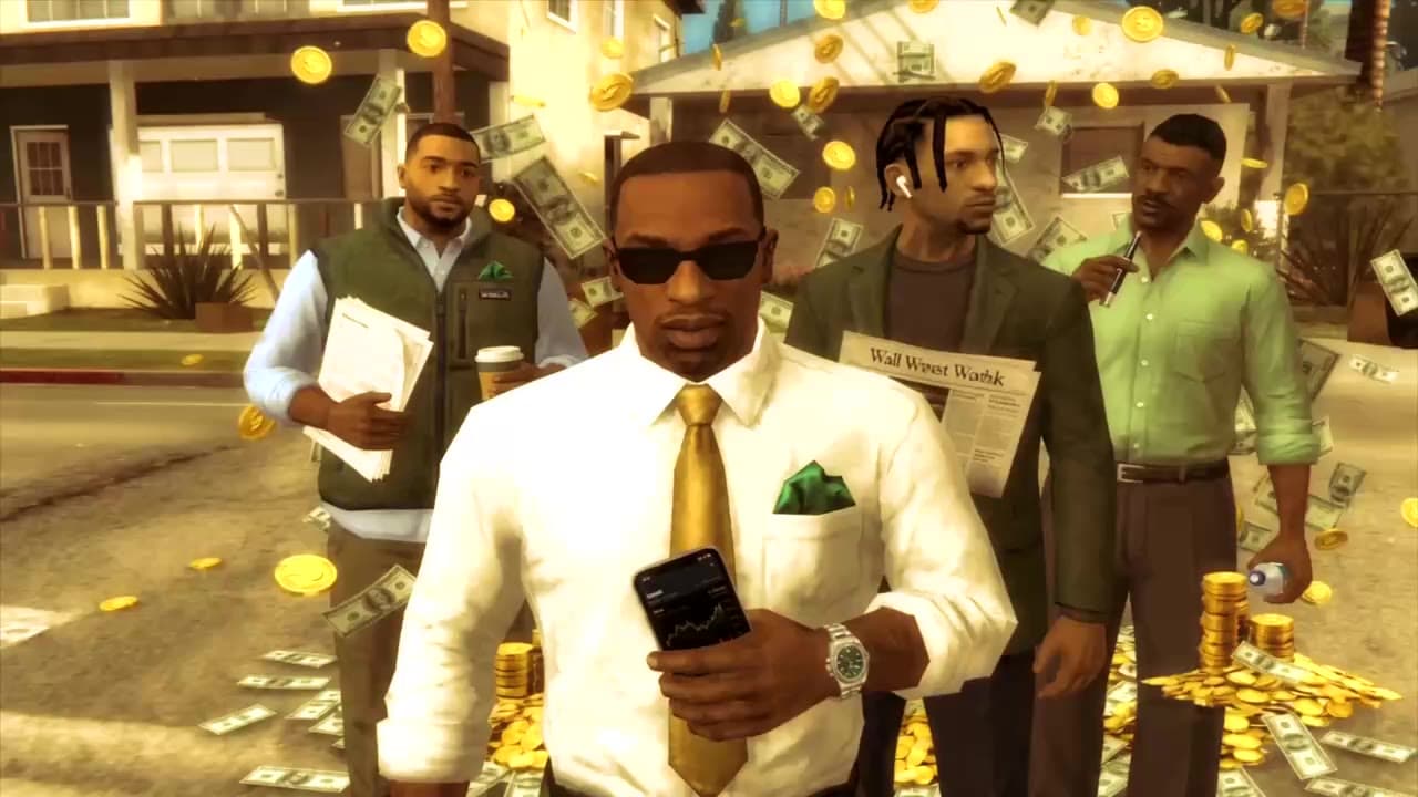 CJ in suit with the crew under money rain