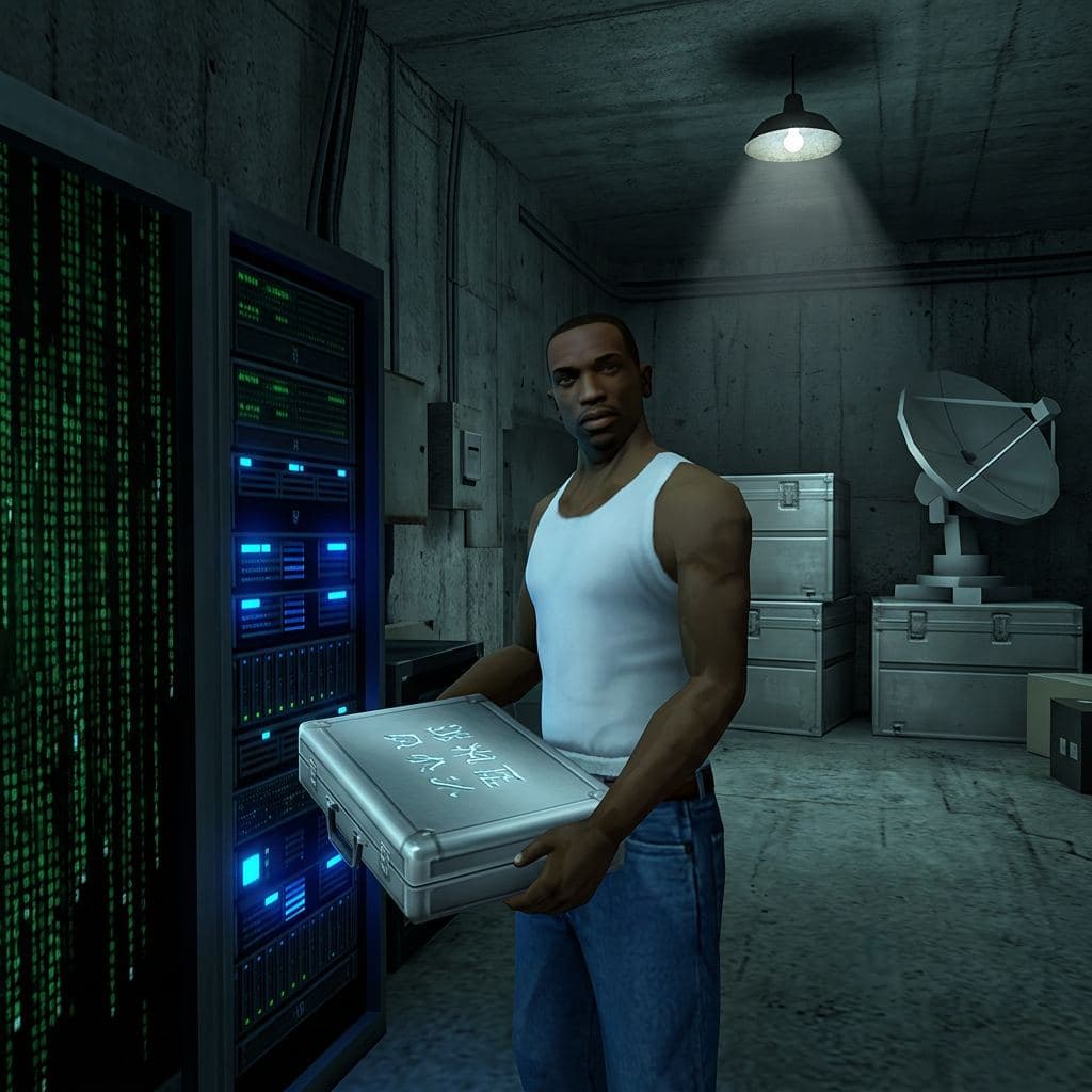 CJ holding a mysterious silver briefcase in a server room