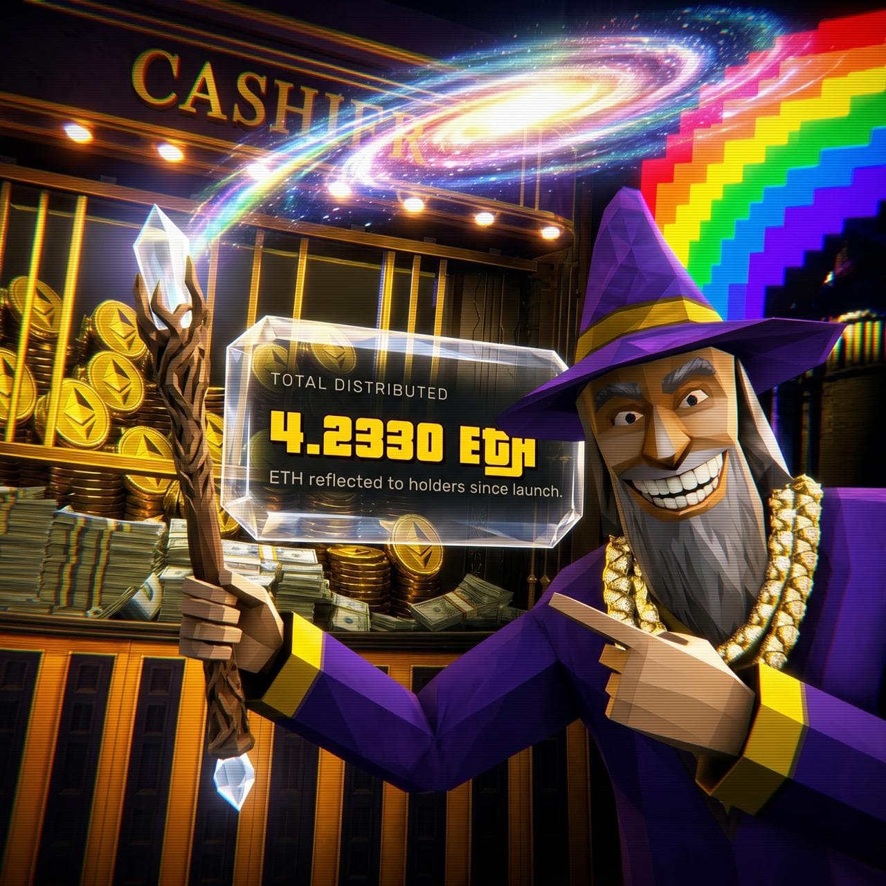 Purple wizard at the cashier with a holographic Total Distributed dashboard